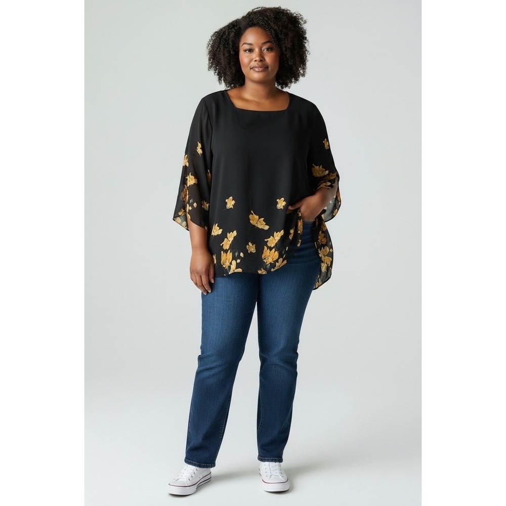 Grace Karin Black Floral Longline Blouse XL Romantic Cottagecore Boho Chic